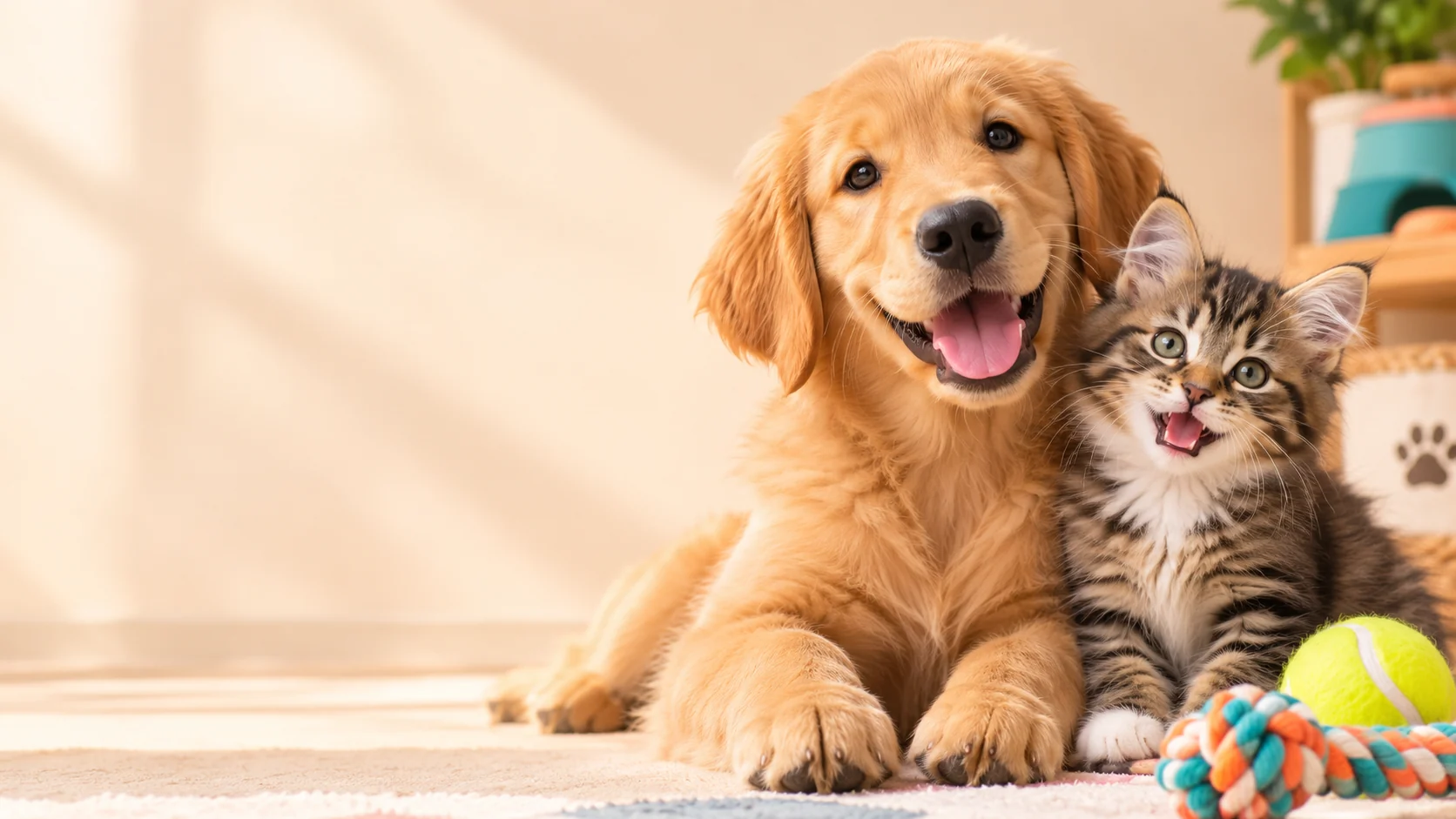 Happy golden retriever puppy and curious tabby kitten cuddled together