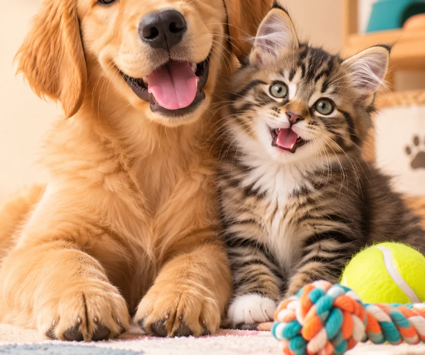 Happy puppy and kitten together